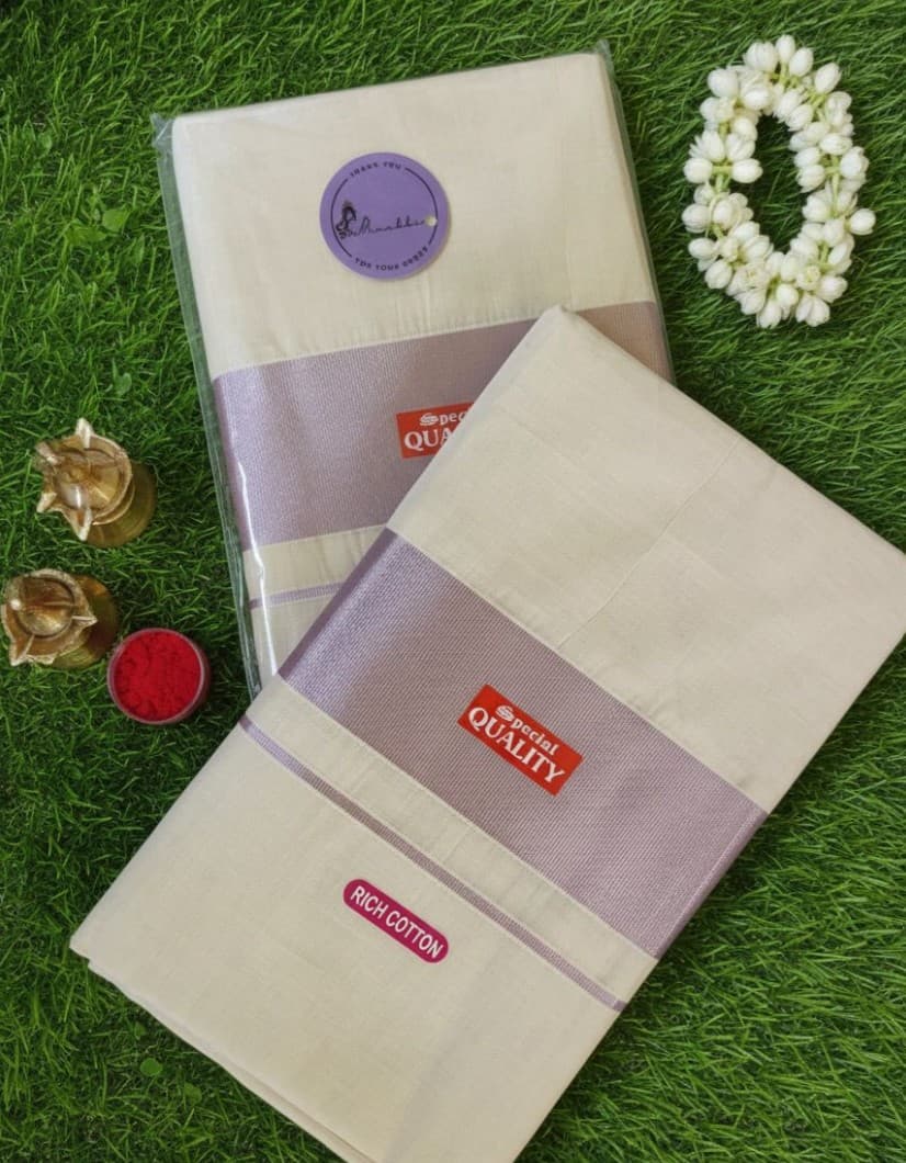 Women's Kerala Traditional 100% Cotton Set Mundu with 3 Inches Jari Border